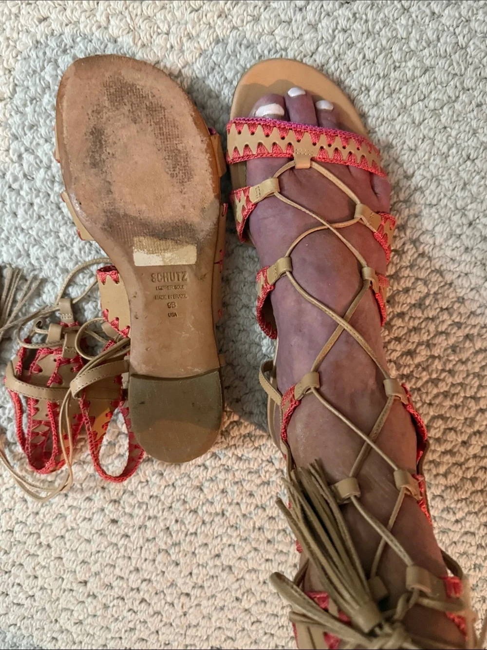 Shultz Tan Lace-Up Gladiator Sandals with Orange Accents - Picture 3 of 5
